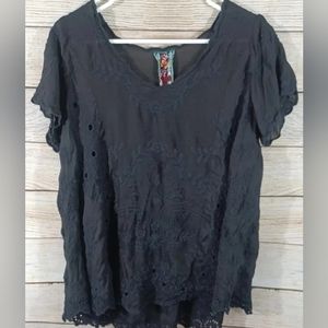 Johnny Was Sophia Georgette Princess Black Lace Eyelet Blouse Top